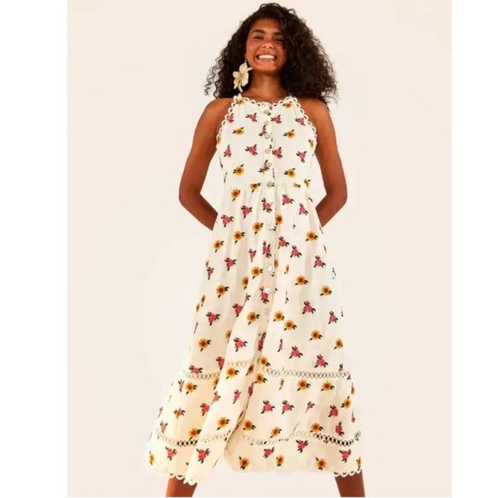FARM RIO Mixed Cross Stitch Flowers Midi Dress Embroidered Linen Blend Size M